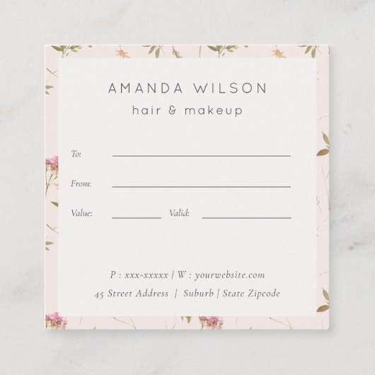 デュスキーピンクのワイルドフラワークレストのギフト券 スクエア名刺 (裏面)