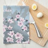デュスキーピンクグレイシッシュブルーさくらんぼの花 キッチンタオル (四つ折り)