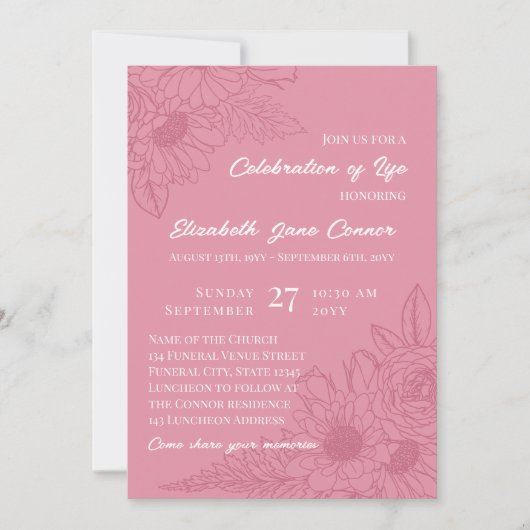 デュスキーピンクデイジーラインアートお祝いオブ・ライフ 招待状 (正面)