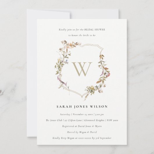 デュスキーピンク赤面ワイルドフラワークレストブライダルシャワー 招待状 (正面)