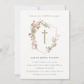 デュスキーピンク赤面ワイルドフラワークロスクレストバプテスマ 招待状 (正面)