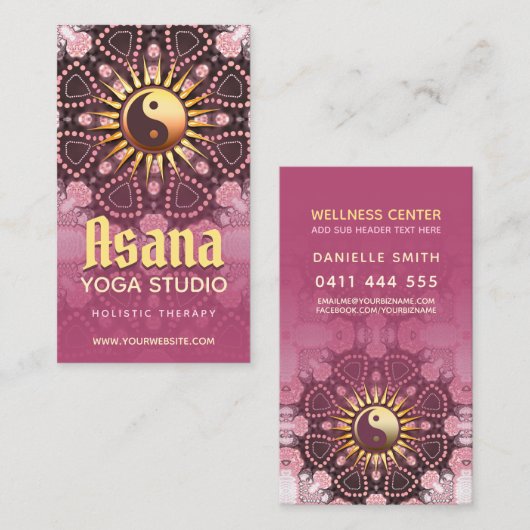 デュスキーピンク&金ゴールド陰陽ホリスティックアサナヨガ 名刺 (正面/裏面)