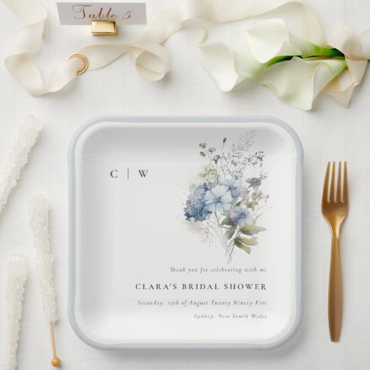 デュスキーブルーウォーターカラーコテージフローラブライダルシャワー ペーパープレート (ウェディング)