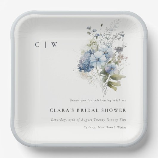 デュスキーブルーウォーターカラーコテージフローラブライダルシャワー ペーパープレート (正面)