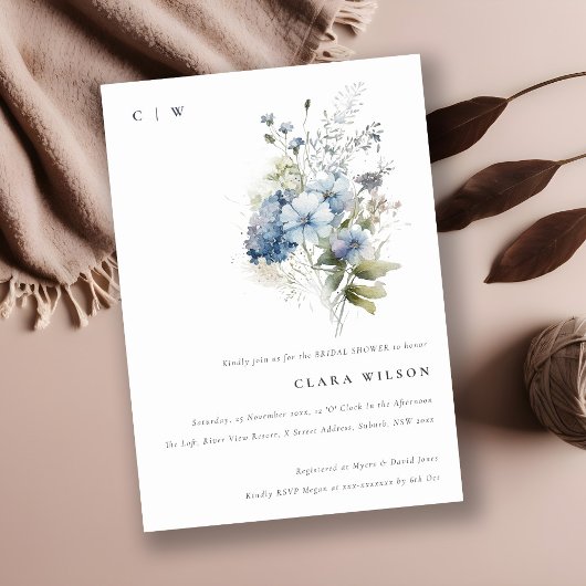 デュスキーブルーウォーターカラーコテージフローラブライダルシャワー 招待状