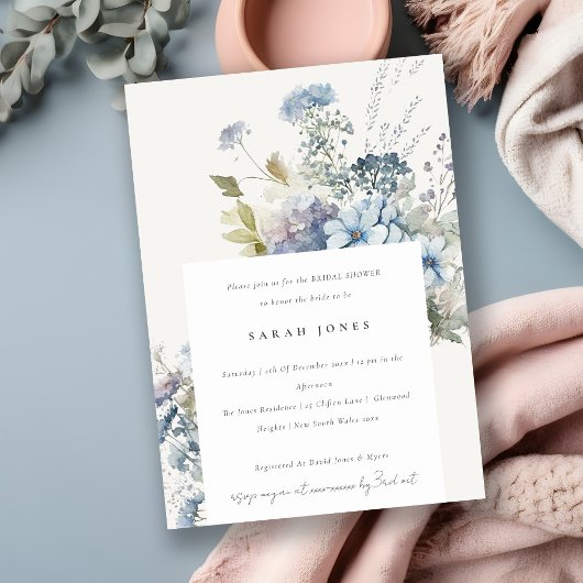 デュスキーブルーウォーターカラーコテージフローラブライダルシャワー 招待状