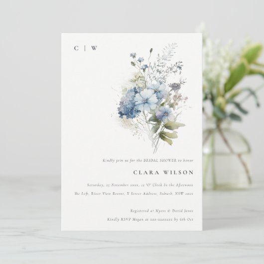 デュスキーブルーウォーターカラーコテージフローラブライダルシャワー 招待状 (スタンド正面)