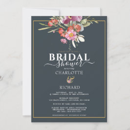 デュスキーブルーピンクフローラ金ゴールドブライダルシャワー 招待状