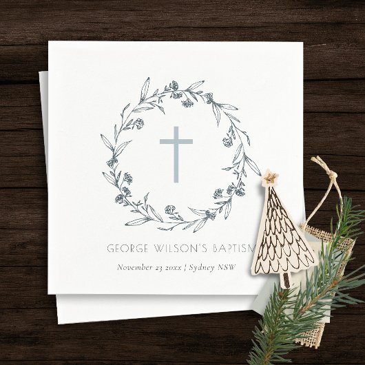 デュスキーブルーフローラローレルリースモノグラムバプテスマ スタンダードカクテルナプキン