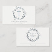 デュスキーブルーフローラローレルリースモノグラムバプテスマ プレイスカード (正面/裏面)