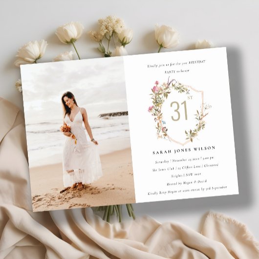 デュスキー赤面ワイルドフラワークレスト写真誕生日 招待状