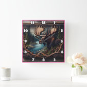 デュスクで川のそばの森でムース スクエア壁時計 (ホーム)