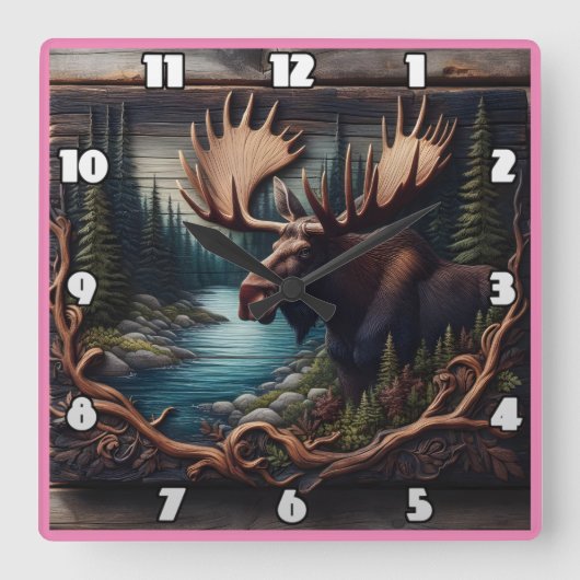 デュスクで川のそばの森でムース スクエア壁時計 (正面)