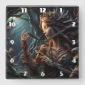 デュスクエレガントで木から彫られた森の精神 スクエア壁時計 (正面)