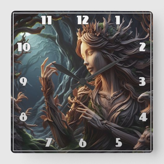 デュスクエレガントで木から彫られた森の精神 スクエア壁時計 (正面)