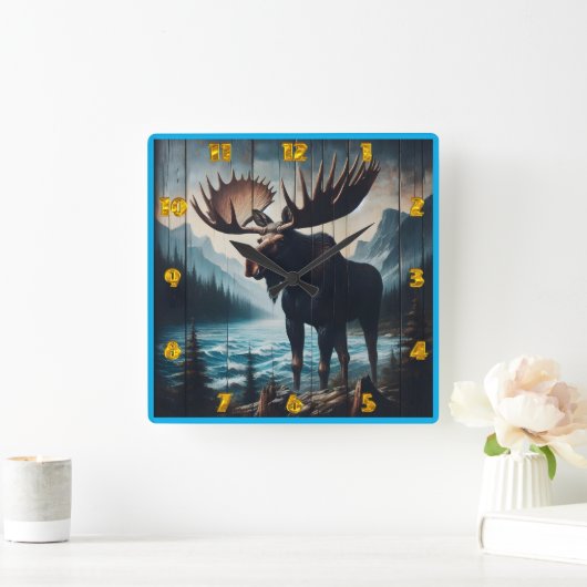 デュスク威厳のあるで湖のそばに立つムース スクエア壁時計 (ホーム)
