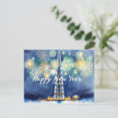 デュバイス・スカイラインを超えた新年おめでとう花火 ポストカード (スタンド正面)