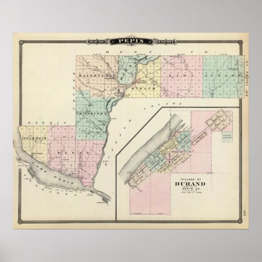 デュランのペピン郡と村の地図 ポスター (正面)