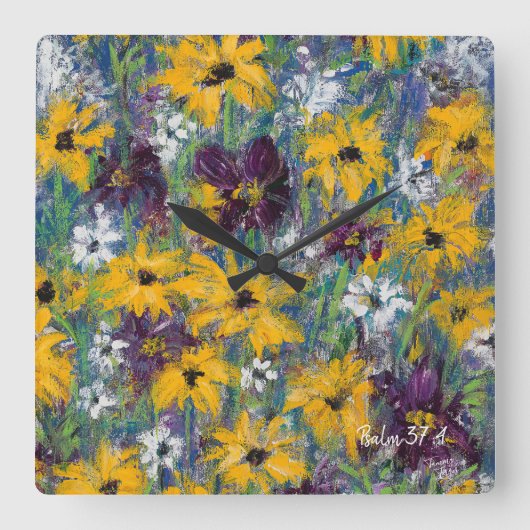 デライトフローラウォールクロック – Psalm 37:4 スクエア壁時計 (正面)