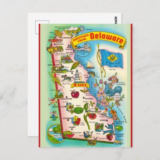 デラウェア州のヴィンテージイラストマップ ポストカード (正面/裏面)