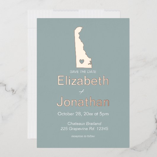 デラウェア州地図 Save the Date ローズゴールド 箔招待状 (封筒)