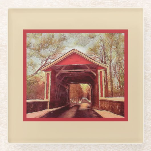 デラウェアAshland Red Covered Bridge on Cream ガラスコースター (正面)