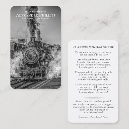 デラックスな祈りの言葉カード| B&W蒸気の列車 名刺 (正面/裏面)