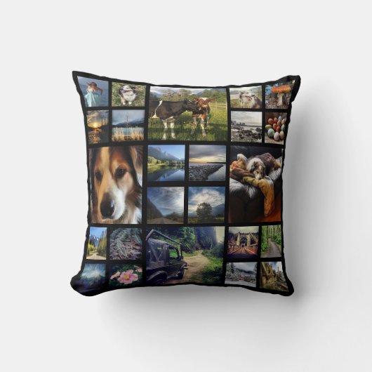 デラックスな24のInstagramの写真のメガコラージュの黒 クッション (正面)