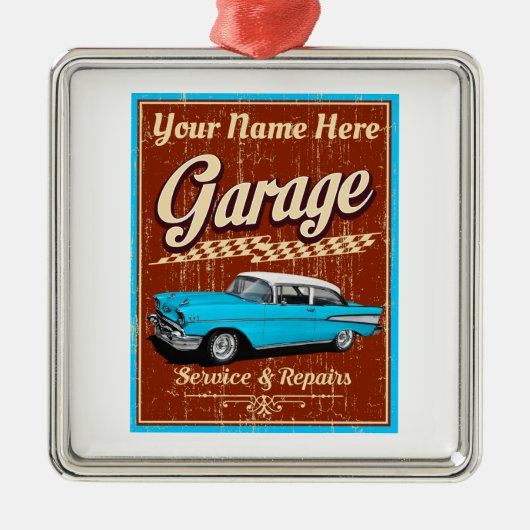 デラックスパーソナライズされたカーガレージ メタルオーナメント (正面)