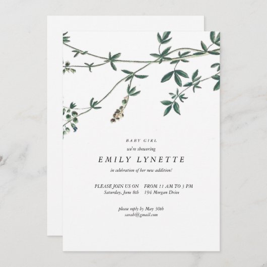 デリケートつる植物図解入りの、写真付きのベビーシャワー招待状 招待状 (正面/裏面)
