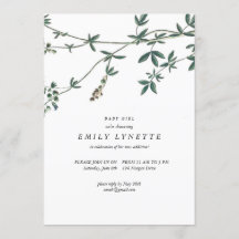 デリケートつる植物図解入りの、写真付きのベビーシャワー招待状