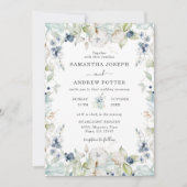 デリケートなダスティブルー葉フローラ&フレーム結婚ズ 招待状 (正面)