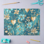 デリケートなティール(緑がかった色)と金ゴールドフローラとハートの分離 薄葉紙 (クラフト)