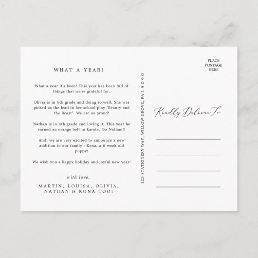 デリケートなハッピーホリデー3フォトファミリーニュースレター シーズンポストカード (裏面)