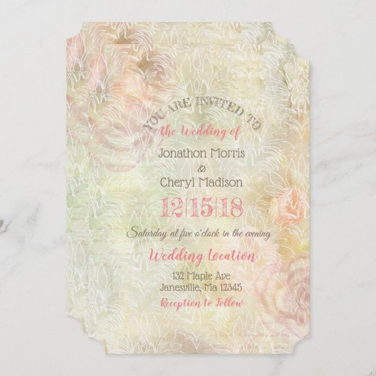 デリケートなピンクとベージュのフローラ結婚式招待状 招待状 (正面/裏面)