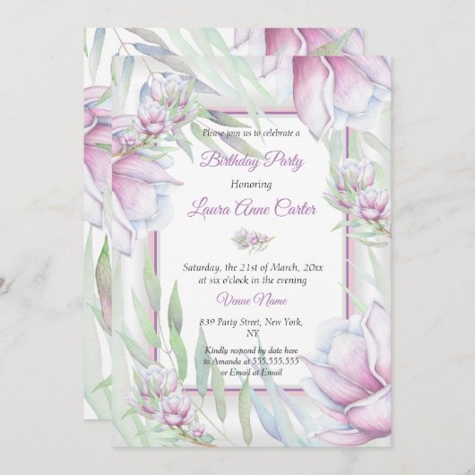 デリケートなピンクの薄紫フローラ水彩誕生日 招待状 (正面/裏面)