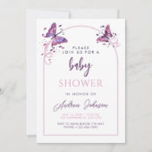 デリケートなピンクの蝶ガールベビーシャワーパーティー 招待状 (正面)