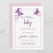 デリケートなピンクの蝶ガールベビーシャワーパーティー 招待状 (正面/裏面)