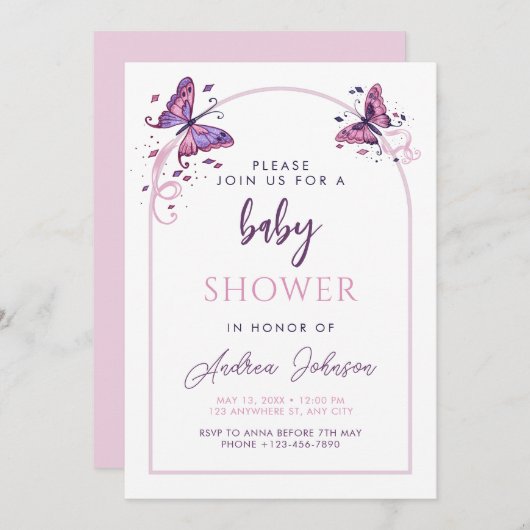 デリケートなピンクの蝶ガールベビーシャワーパーティー 招待状 (正面/裏面)