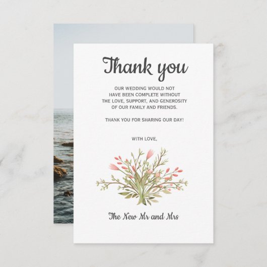 デリケートなピンクの野結婚花写真ありがとうございました サンキューカード (正面/裏面)