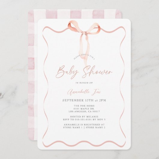デリケートなピンクリボンボウ女の子ベビースシャワー 招待状 (正面/裏面)