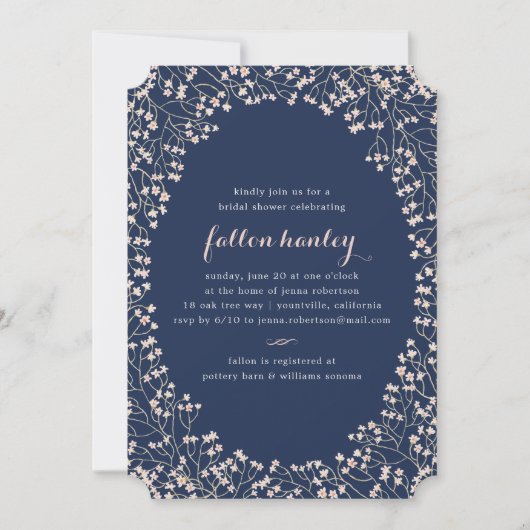 デリケートなフレーム赤面&ネイビーブライダルシャワー招待状 招待状 (正面)