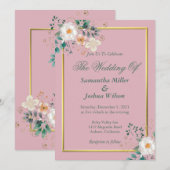 デリケートなフローラと金ゴールド縁ど招待状 招待状 (正面/裏面)