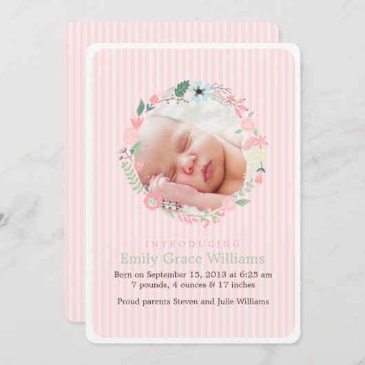 デリケートなフローラリースベビー出産の発表 案内状 (正面/裏面)