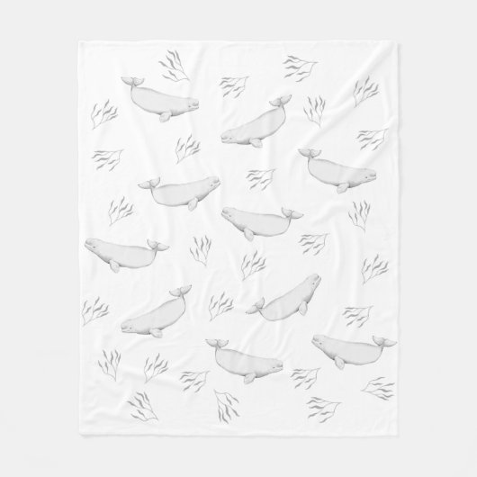 デリケートなベルーガクジラと海藻イラストレーション フリースブランケット (正面)