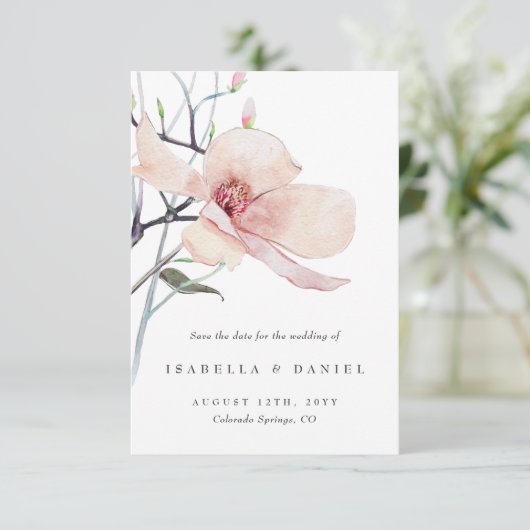 デリケートなマグノリア結婚式の日付を保存 招待状 (スタンド正面)