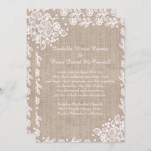 デリケートなレースのバーラップ素朴国の結婚式 招待状 (正面/裏面)