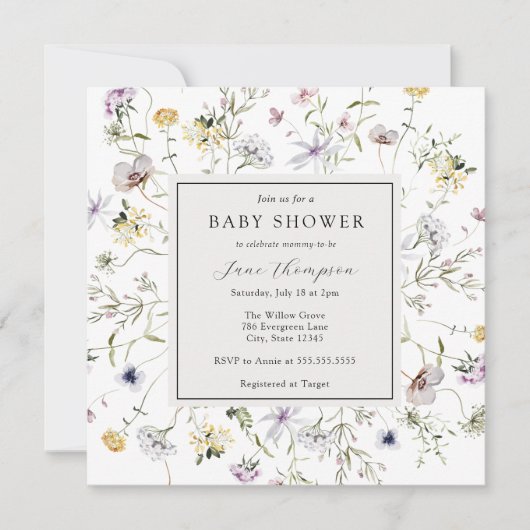 デリケートなワイルドフラワーフレームベビーシャワー招待状 招待状 (正面)