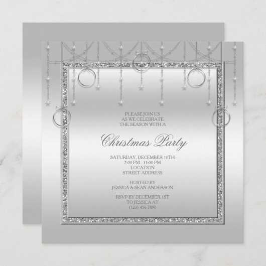 デリケートな星とリングや輪シルバークリスマスパーティー 招待状 (正面/裏面)