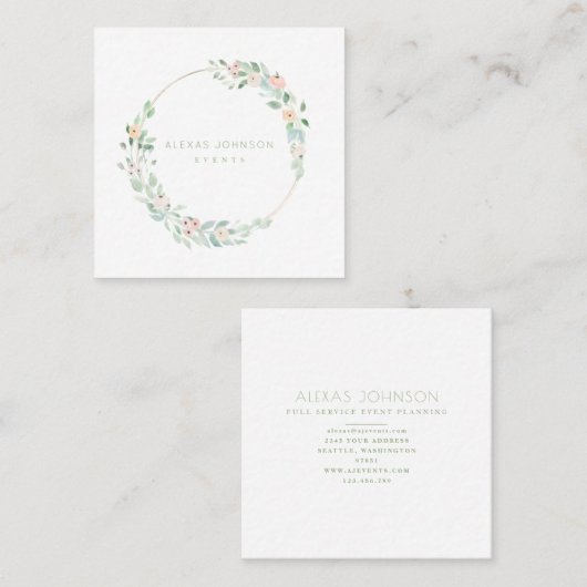 デリケートな春フローラリースピンクアンドグリーン スクエア名刺 (正面/裏面)